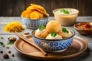 indian food with dumplings and dip in bowls. AI-Generated photo