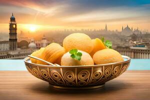 indian food in a bowl with a view of the city at sunset. AI-Generated photo