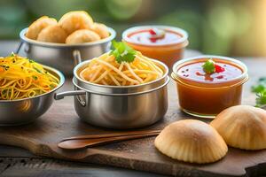 various types of food in metal bowls on a wooden table. AI-Generated photo