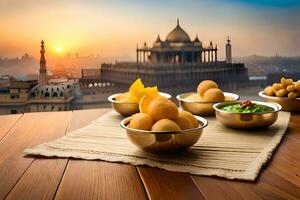 indian food in bowls on table with sunset in background. AI-Generated photo