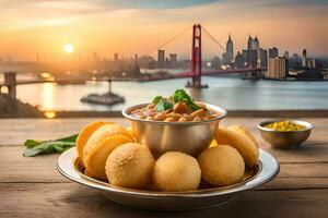 indian food in a bowl with a view of the golden gate bridge. AI-Generated photo