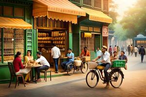 a group of people sitting at a table in front of a bakery. AI-Generated photo