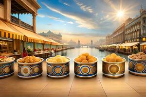 a row of bowls with food on them in front of a canal. AI-Generated photo