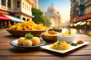 indian food on wooden table with city in background. AI-Generated photo