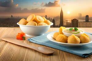 fried chicken and potato balls on wooden table with cityscape background. AI-Generated photo