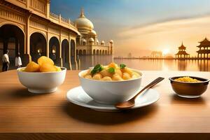 indian food in a bowl with a bowl of rice and a bowl of potato chips on a. AI-Generated photo