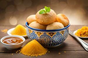 indian sweets in a bowl on a wooden table. AI-Generated photo