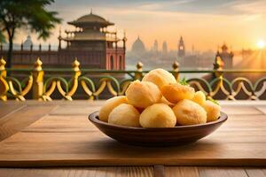 indian sweet potato in a bowl on a wooden table with a city view. AI-Generated photo