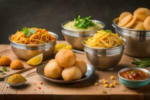 various types of indian food in metal bowls. AI-Generated photo