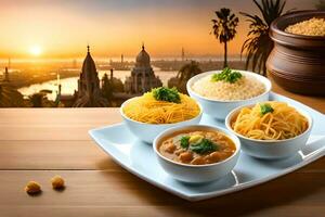 indio comida con arroz y curry en un de madera mesa con ciudad vista. generado por ai foto