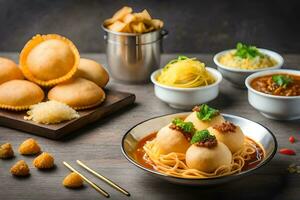 various dishes of food are arranged on a table. AI-Generated photo