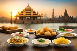 indian food in bowls on wooden table with sunset in background. AI-Generated photo