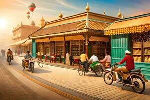 a scene of people riding bikes and walking down a street. AI-Generated photo