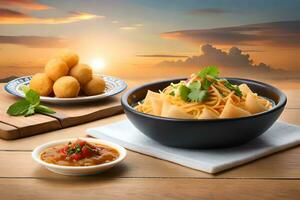 chinese food with noodles and dumplings on a wooden table with sunset background. AI-Generated photo