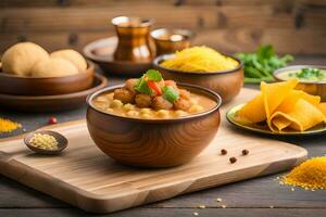 indian food in bowls on wooden table. AI-Generated photo