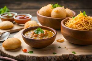 indian food with bowls of soup and noodles. AI-Generated photo