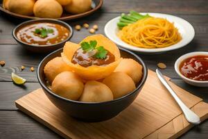 a bowl of food with meat balls and sauce. AI-Generated photo