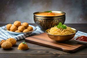 indian food with bowls of noodles and sauce. AI-Generated photo