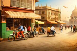 a street scene with people on bikes and people walking. AI-Generated photo