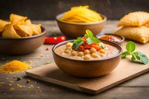 chickpea curry with chickpeas, rice and vegetables in bowls on a wooden table. AI-Generated photo