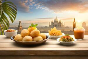 indian food on a wooden table with a view of the taj mahal. AI-Generated photo