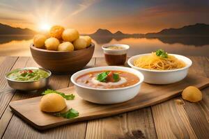 indian food on wooden table with sunset in background. AI-Generated photo