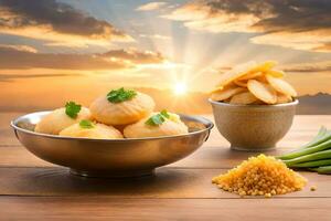 indian food with dumplings and rice on wooden table with sunset background. AI-Generated photo