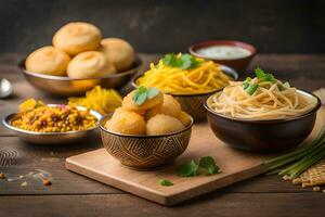 indio comida en de madera mesa con bochas de alimento. generado por ai foto
