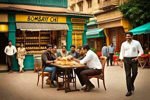 a group of people sitting at a table in front of a cafe. AI-Generated photo