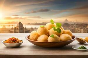 indio comida en bochas en mesa con ciudad vista. generado por ai foto