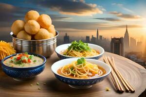 chinese food in bowls with chopsticks on a table with cityscape in the background. AI-Generated photo