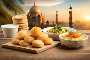 indian food with taj mahal in background. AI-Generated photo