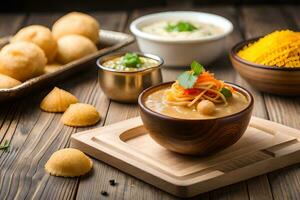 indian food in bowls on wooden table. AI-Generated photo