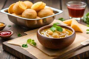 indian food with bread and vegetables on a wooden table. AI-Generated photo