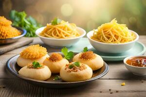a table with various food items including pasta and meatballs. AI-Generated photo
