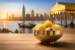 chinese food in a bowl on a wooden table with cityscape in the background. AI-Generated photo