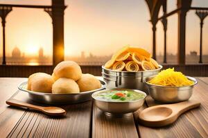 indian food on wooden table with sunset in background. AI-Generated photo