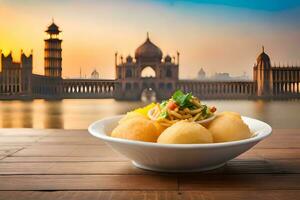 indian food in a bowl with a view of the city. AI-Generated photo