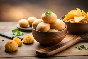 indian snacks in wooden bowls on wooden table. AI-Generated photo