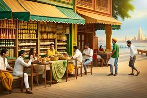 a group of people sitting at tables in front of a restaurant. AI-Generated photo