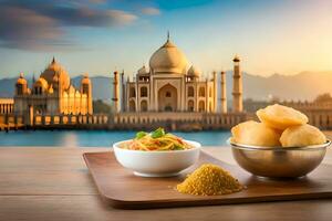 indian food with taj mahal in background. AI-Generated photo