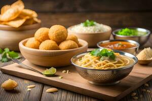 indian food with bowls of noodles, chips and other dishes. AI-Generated photo