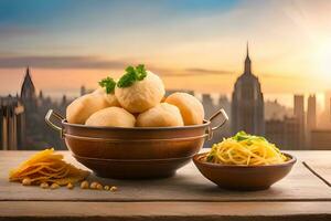 italian food in a bowl with a view of the city skyline. AI-Generated photo