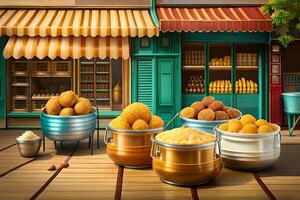 an illustration of food in buckets on a street. AI-Generated photo