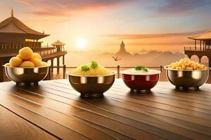 three bowls of food on a wooden table with a sunset in the background. AI-Generated photo