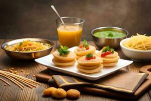 indian food on wooden table with bowls of food. AI-Generated photo