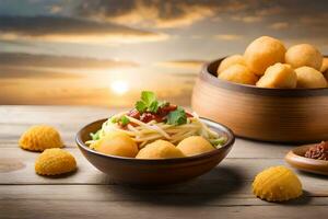 chinese food with noodles and vegetables in bowls on wooden table. AI-Generated photo