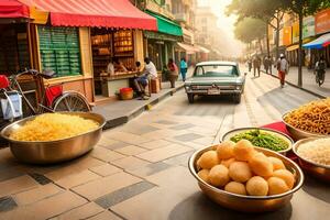 indio calle comida en nuevo Delhi. generado por ai foto