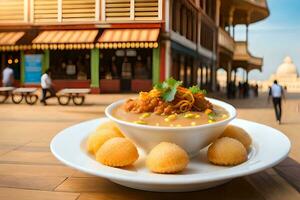 a bowl of soup with some dumplings on a table. AI-Generated photo