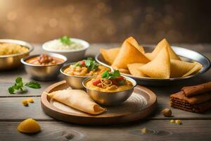 indio comida en de madera mesa con especias y condimentos generado por ai foto
